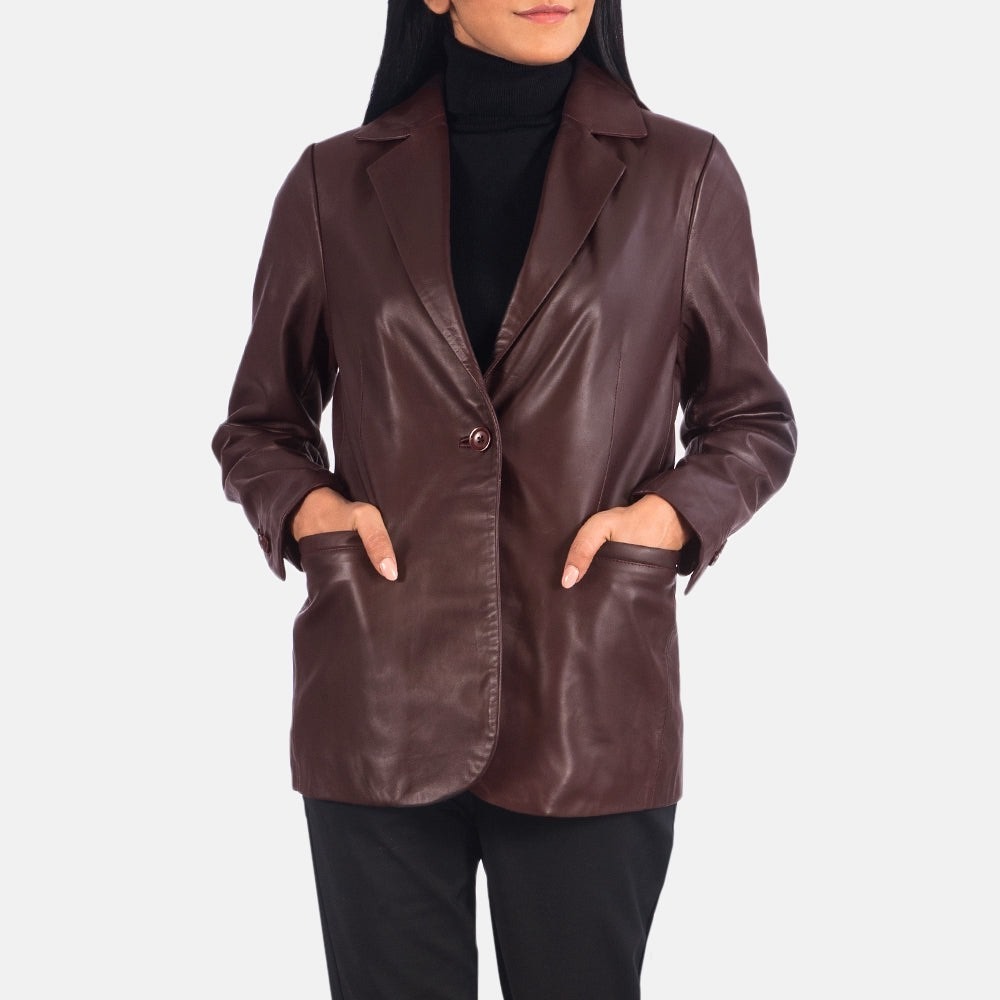 The Jacket Maker Leather Blazer Womens L Burgundy NEW Quilted Lining Notched